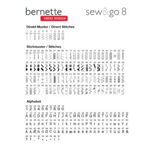 Bernette Sew & Go 8 computerized sewing machine with LCD display, Bernette Sew & Go 8 sewing machine with 197 stitch patterns, Compact Bernette Sew & Go 8 with alphabet and buttonhole options, Bernette Sew & Go 8 sewing machine with memory function and speed control, Bernette Sew & Go 8 for creative sewing with decorative stitches