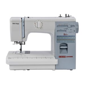 Usha Janome Stitch Magic sewing machine front view, Compact Usha Janome Stitch Magic with free arm, Usha Janome Stitch Magic stitch pattern selector, Automatic zig-zag sewing machine Usha Janome Stitch Magic