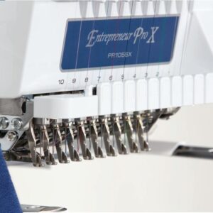 Closup of Brother PR1055X embroidery machine with 10 needles