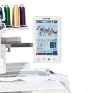 Closeup Brother PR1055X embroidery machine with 10.1-inch LCD touchscreen