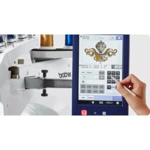 Closeup with usaing Brother PR1055X embroidery machine with 10.1-inch LCD touchscreen